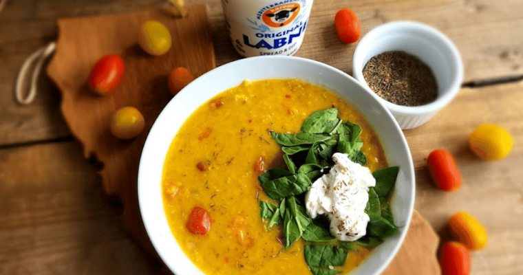 Spiced lentil soup with Karoun Labne