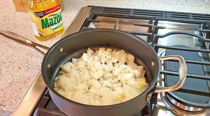 Cook onions for Heart Healthy Vegetarian Tamale Pie