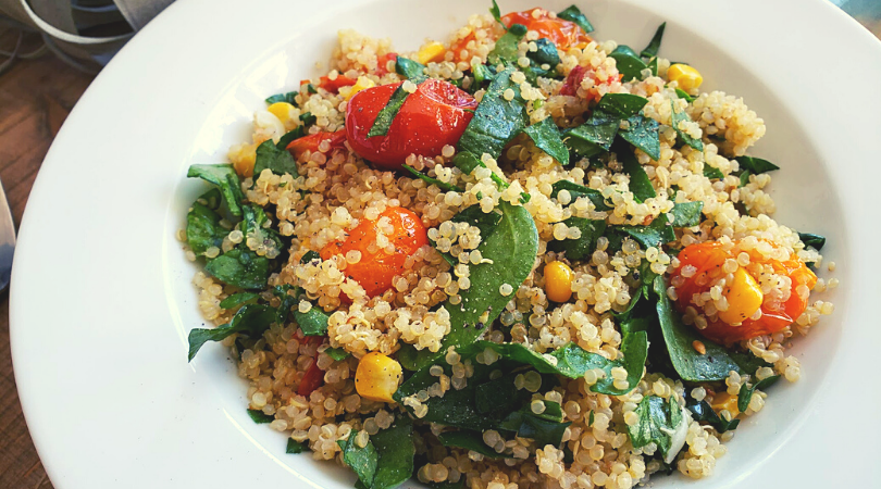 Roasted Cherry Tomato & Spinach Quinoa with Lemon Garlicky Dressing