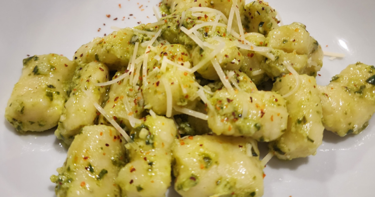pesto on homemade gnocchi
