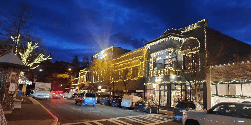 downtown ashland oregon during the holidays with lights