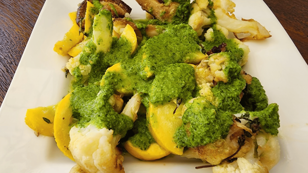parsley lemon jalapeno sauce on roasted veggies