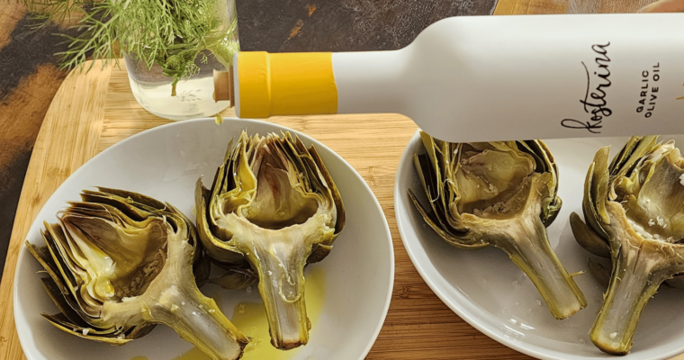 Kosterina Garlic Olive Oil on Steamed Artichokes