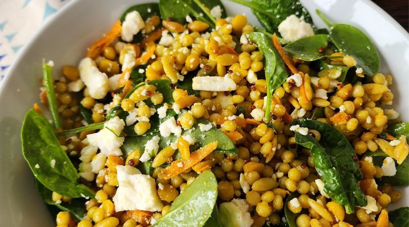 Flavorful Curried Israeli Cous Cous Salad with Herbs, Nuts & Raisin