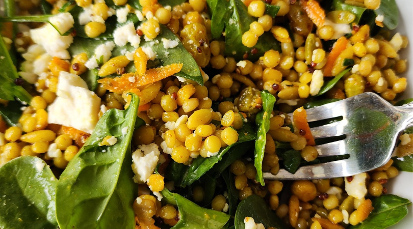 Flavorful Curried Israeli Cous Cous Salad with Herbs, Nuts & Raisin