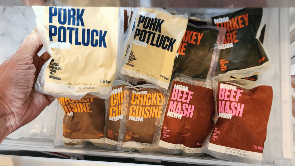 Nom Nom dog food bags in the freezer