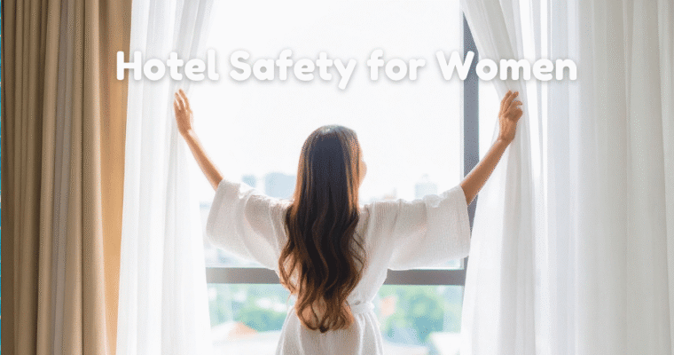 woman opening curtain at hotel
