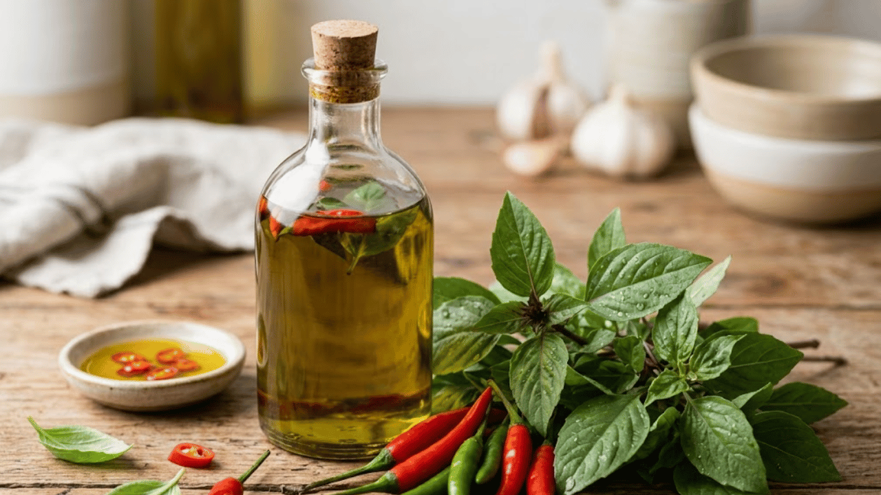 Simple 3-Ingredient Thai Chili & Basil Infused Olive Oil